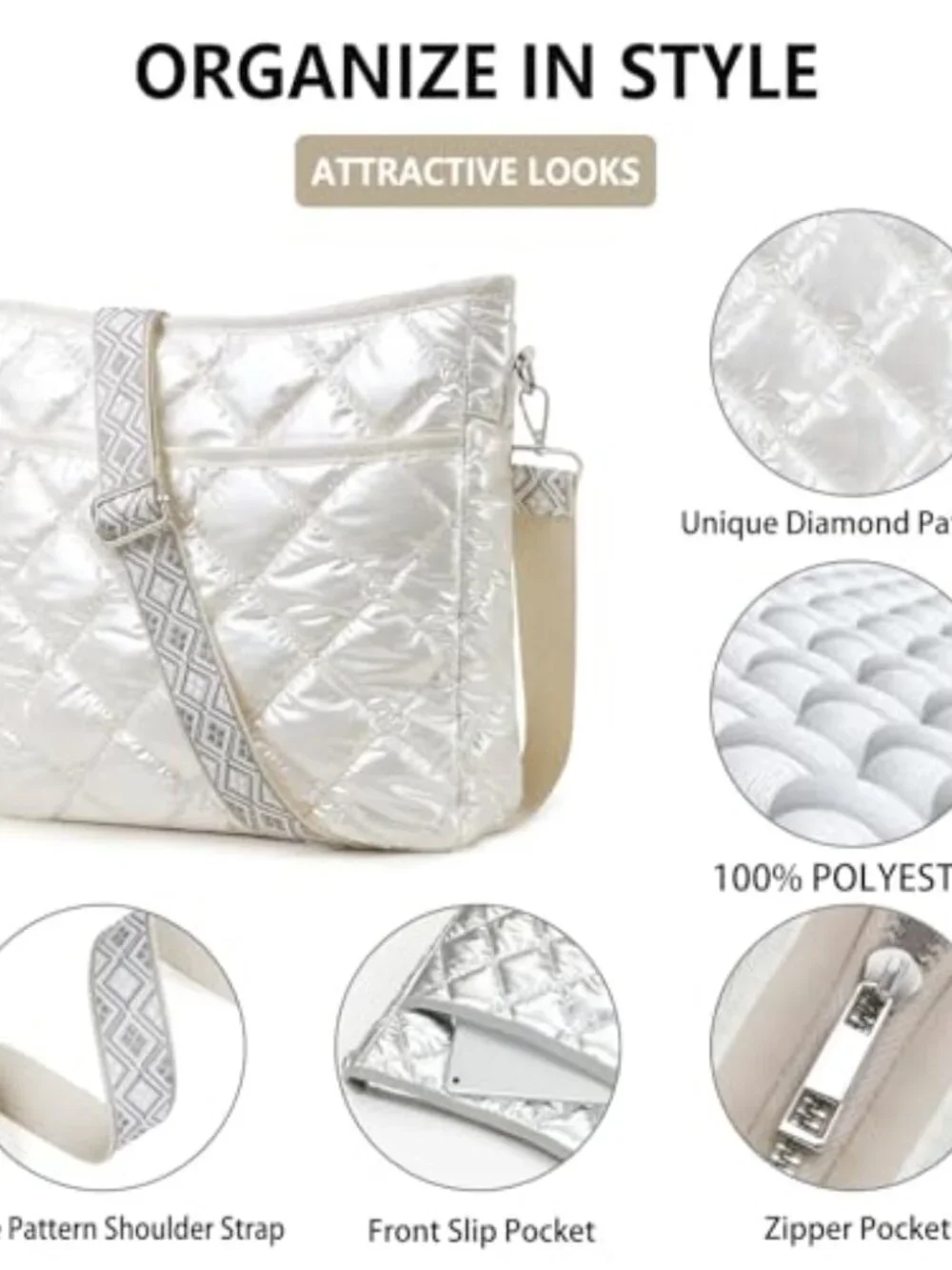 Quilted Crossbody Bag with Patterned Strap, Lightweight & Foldable